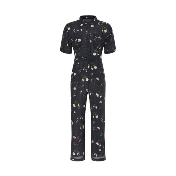 THAKOON COLLECTIVE Black Floral Print Tie Waist Collar Button Front Jumpsuit 10 - Picture 3 of 12